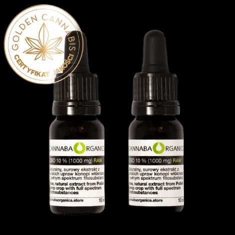 Dwie buteleczki olejku CBD 10% RAW z certyfikatem Golden Cannabis